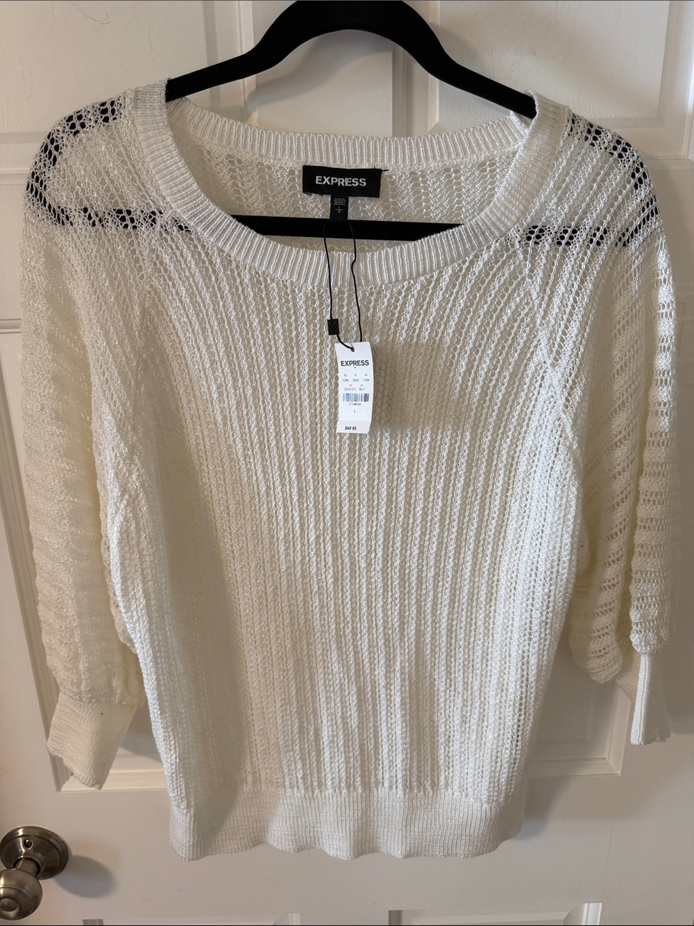 Express Open Knit White Sweater Raglan 3/4 Sleeves Layering Beachy Size Large